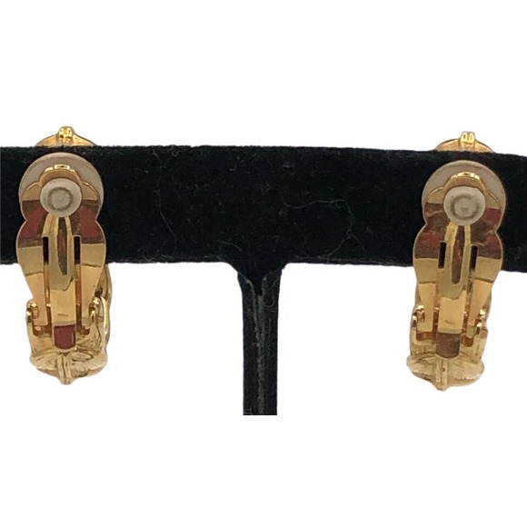 Swarovski Brand Gold Plated Black Enamel Clear Crystal Hoop Clip-On Earrings - Picture 2 of 9